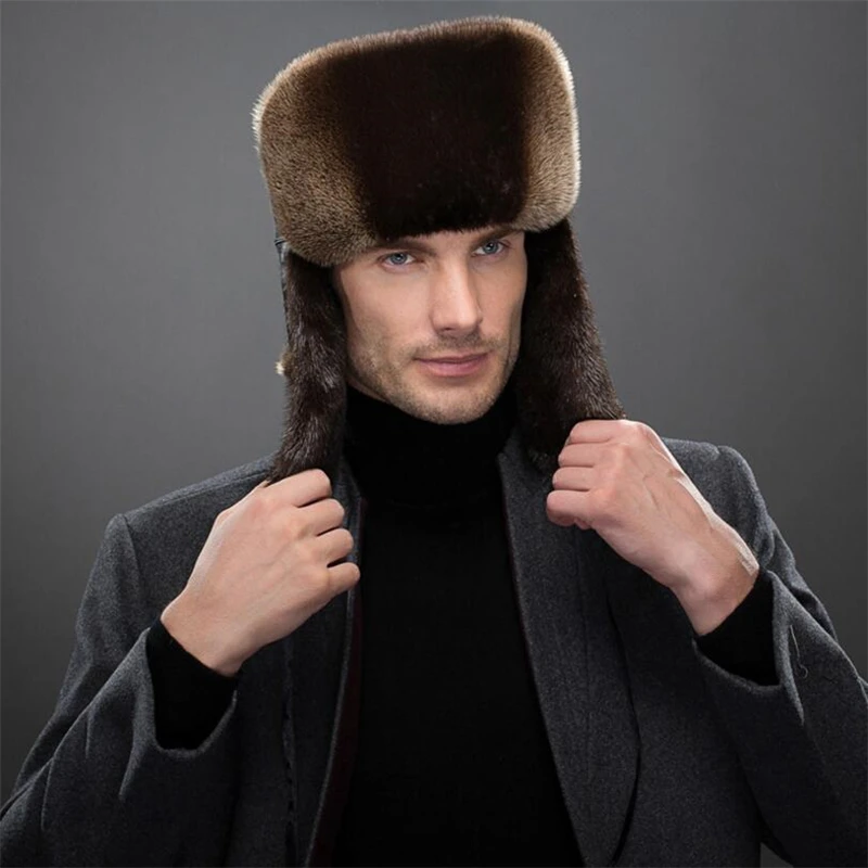 IANLAN Fashion Mens Import Full-pelt Otter Fur Bomber Hats Solid Russian Style Winter Windproof Lutra Fur Earmuffs Hats IL00246