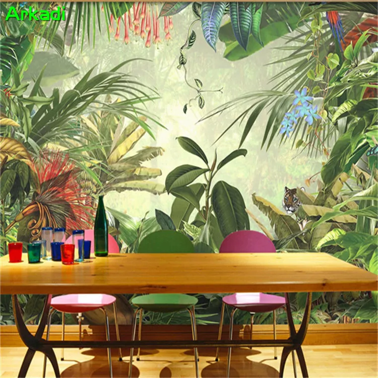 Southeast Asian style wallpaper rainforest banana leaf green forest hotel restaurant living room background wall paper