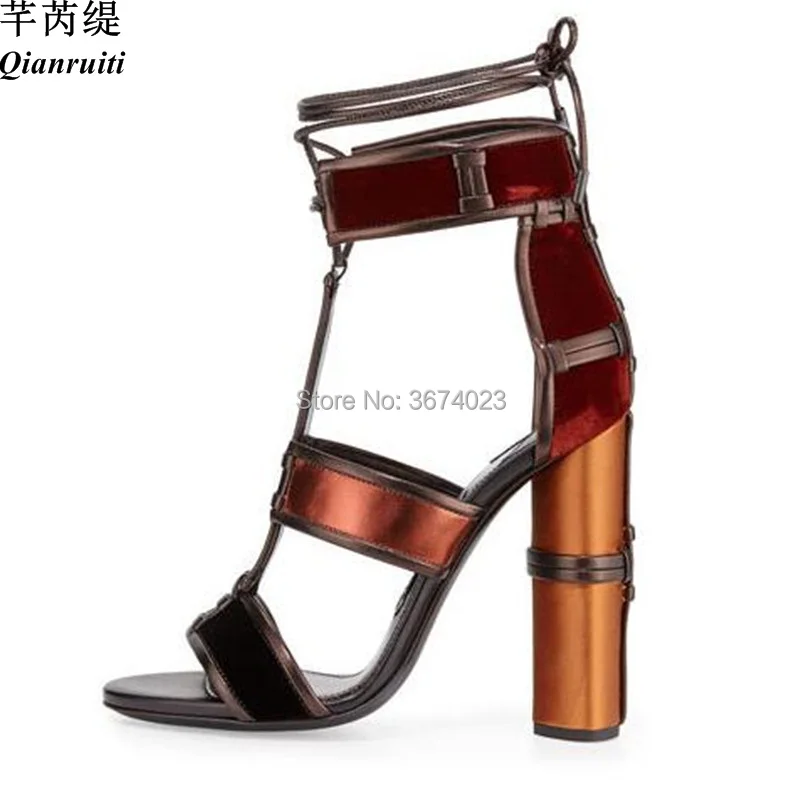 

Qianruiti Female Paneled Leather Sandals Patchwork Block High Round Heels Gladiator Ankle Strap Caged Sandalias Summer