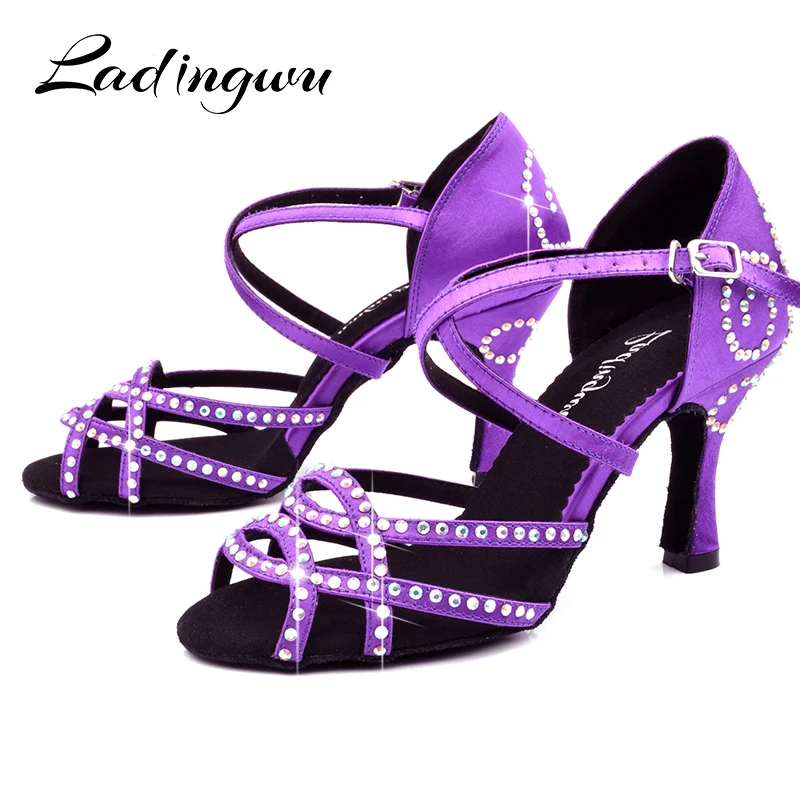 Ladingwu Pattini Delle Signore Viola Raso Latino Scarpe Da Ballo di Strass Professione Salsa Scarpe Da Ballo zapatos de baile latino mujer