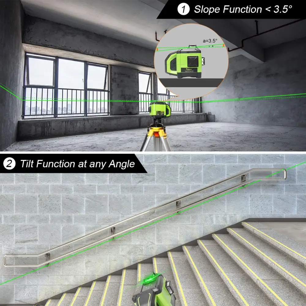 Huepar-Electronic Auto-Nivelamento 3D Green Beam Laser Level, 3x360 Linha Cruzada, Nivelamento de Três Planos, Alinhamento-Função de Inclinação Dupla