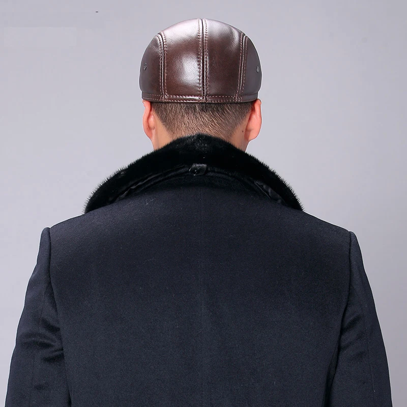 RY101 Men Genuine Leather Casual Warm Black/Brown Fitted Berets Hats Middle/Old Aged Boinas Para Hombres Forward Cap For Male
