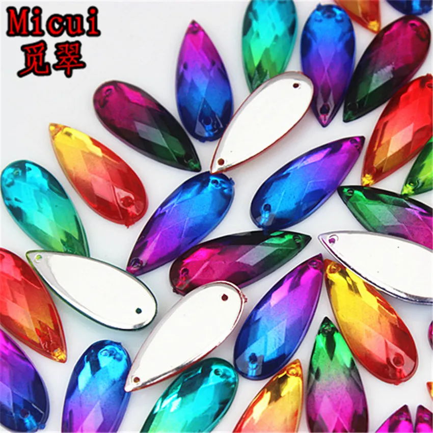 Micui 50pcs 9*21mm Double Color Acrylic Rhinestone Crystal Drop Shape Sew On Rsilver Base flatback beads With 2 Holes ZZ498