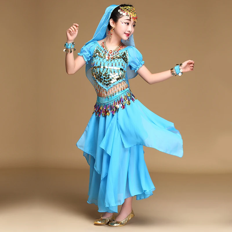 Girls belly dance costumes for kids 3-4-5-6-7piece fashion indian clothes sky blue/red/rose/yellow arabian belly dancer costume