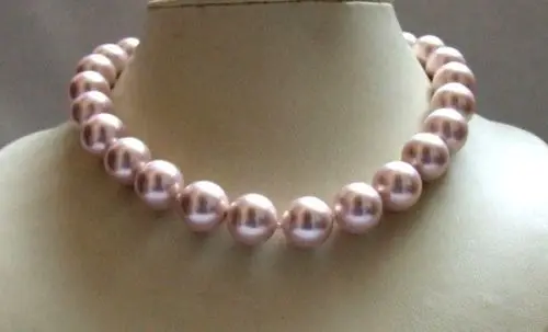 

Free shipping round south sea mother of pearl bib 14MM necklace everyday pink 18INCH