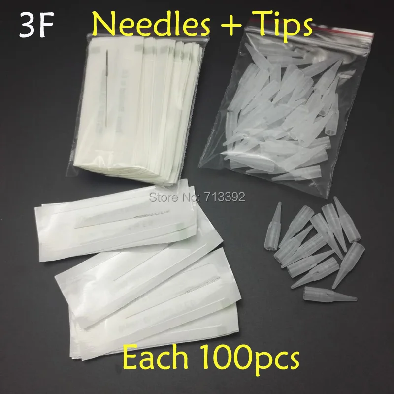 

3F (Needles +Tips each 100pcs) Profession Sterilized Permanent Makeup Needles Caps Nozzles