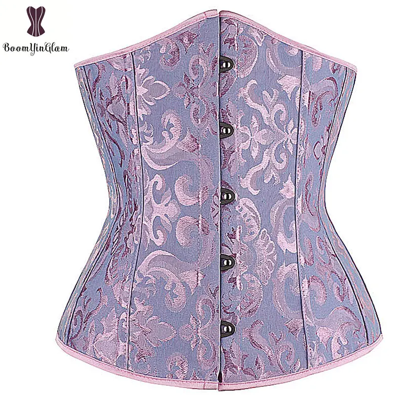 Light Purple Jacquard Flora Corset Under Bust Women Bustier Elastic Boned Corsets Busk Closure Korset Daily Outwear Corselet Hot