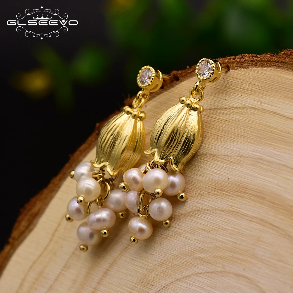 GLSEEVO Natural Fresh water Pearl Yellow Lily Flower Plant Tassel Drop Earrings For Women Shining Dangle Earrings Luxury Jewelry