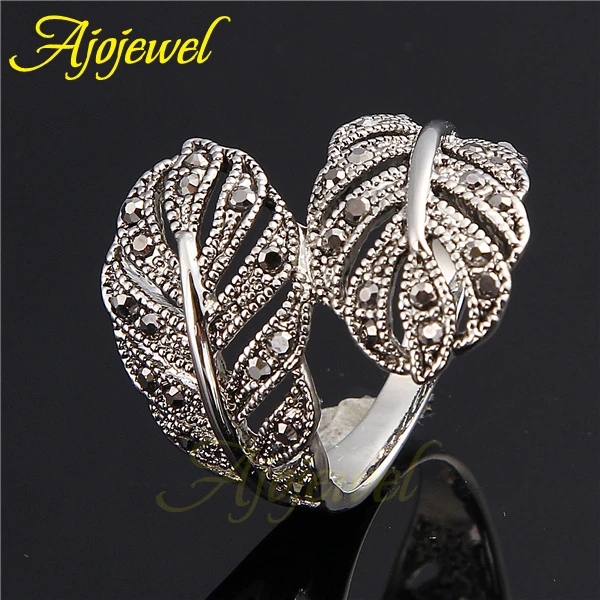 Ajojewel Retro Black Rhinestone Leaf Ring For Women Size 7-9 Fashion Hand Jewelry Vintage Collection Bijoux