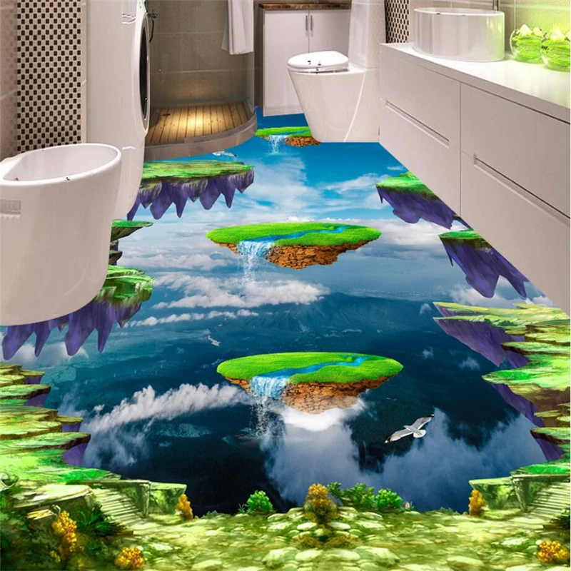 

beibehang Custom photo stickers thickened waterproof wear-resistant PVC flooring fantasy aerial suspension island pigeons 3D