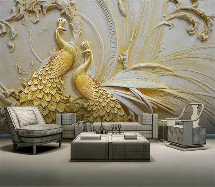 

Custom Mural Wallpaper For Walls 3D Stereoscopic Embossed Golden Peacock Background Wall Painting Living Room Bedroom Home Decor