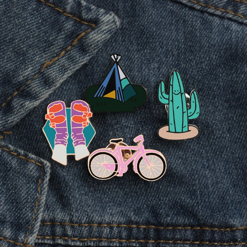Cartoon Bicycle Cactus Tent Brooches Fashion Creative Travel Enamel Pin Child Backpack Badge Men Women Souvenir Brooch Jewelry