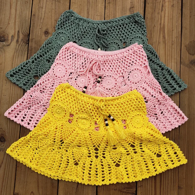 8 Color Hand Crochet Florens Skirt Women Sexy Beach cover up Skirt Boho Style elastic waistband