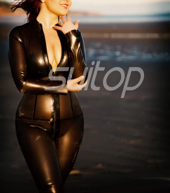 Suitop Latex Rubber jumpsuit in Trasparent Black color front zip to crotch