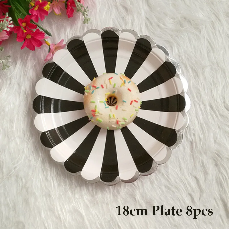 Black Stripe Party Plate Cups Paper Straw Disposable Tableware Sets Wedding Kids Birthday Decor Children Picnic Favors Supplies