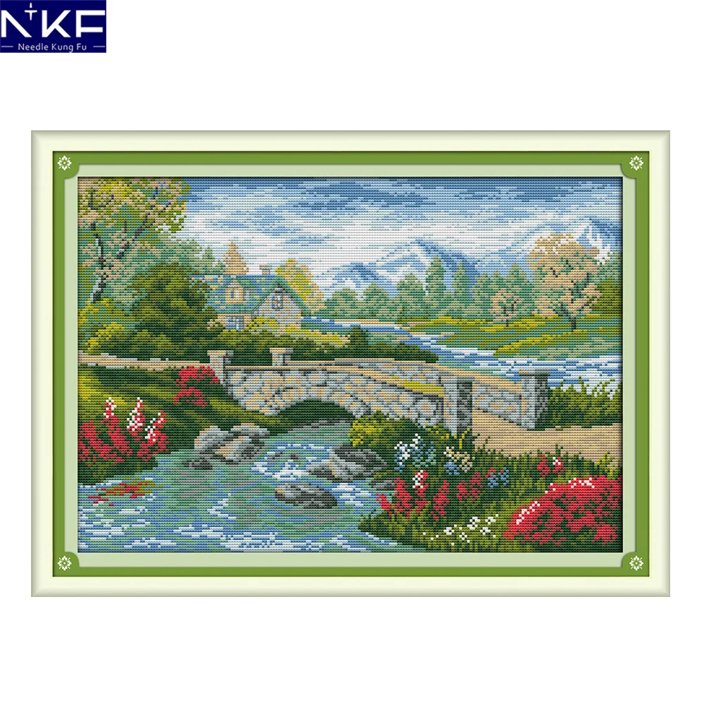 NKF Bridge River Cross Stitch Pattern 11CT14CT Needlework Painting Cross Stitch Set for Embroidery Stamped Kits Home Decor