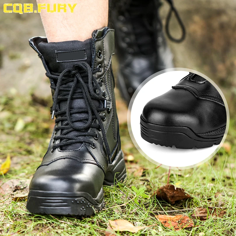 Steel Toe Durable Black Leather Boots Ankle Boots With Zipper Puncture Proof Midsole