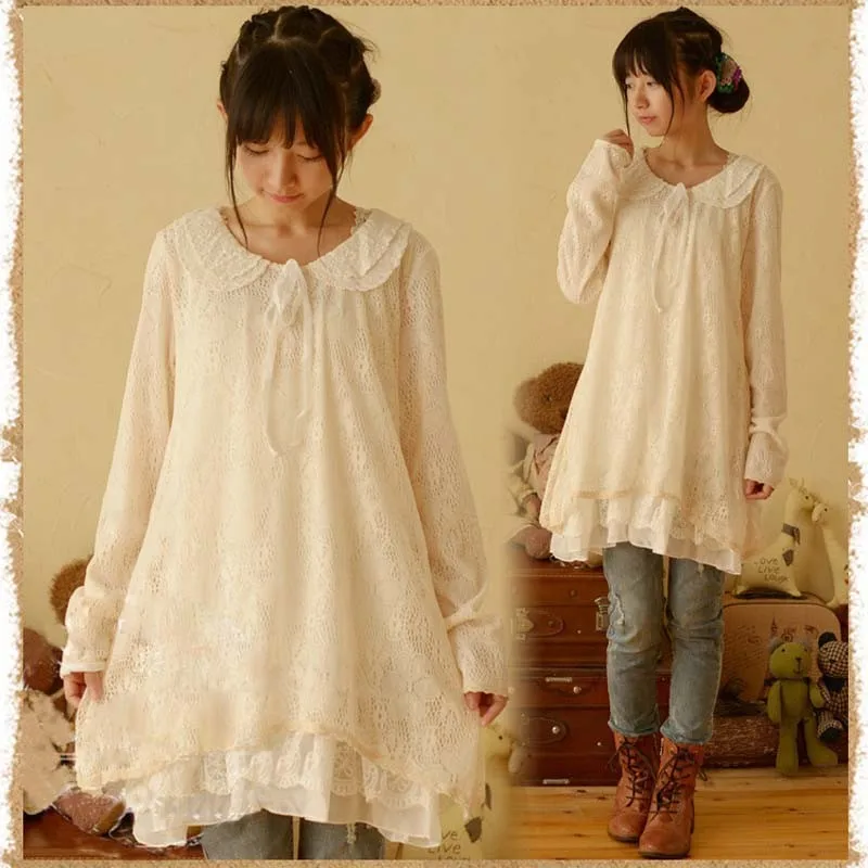 Japanese Spring Women\'s Lace Peter Pan Collar Long Sleeve Sweet Medium Princess Laciness Cute Lovely Lolita Dress Mori Girl C208