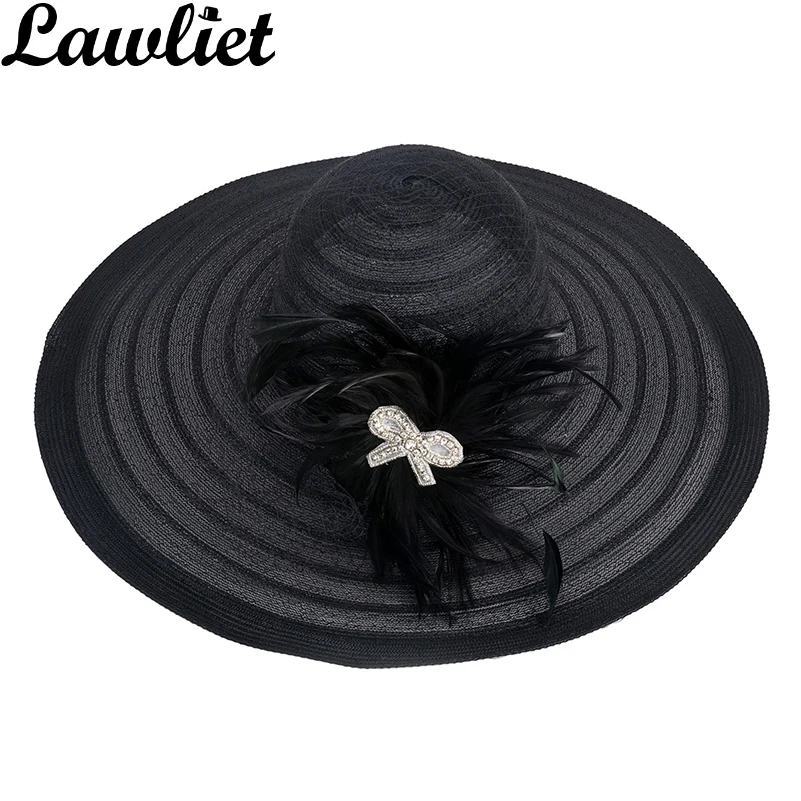 Lawliet Women Dress Hats Church Wedding Kentucky Derby Wide Brim Feather Veil Sun Hat Female Floppy Hats for Summer A265