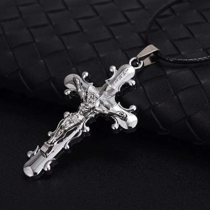 HC Hot Sale Trendy Men Jewelry Jesus Cross Pendant Men Necklace Metal Statement Silvery Brass Gun Black Necklace Dropshipping F