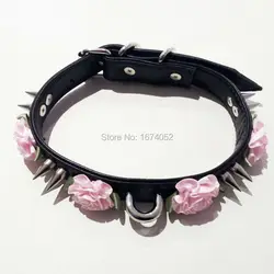 Women Fashion Leather Necklace, Double Studded Punk Goth Emo Kawaii Double Spikes Choker, Pu Leather Flower Collar Necklace