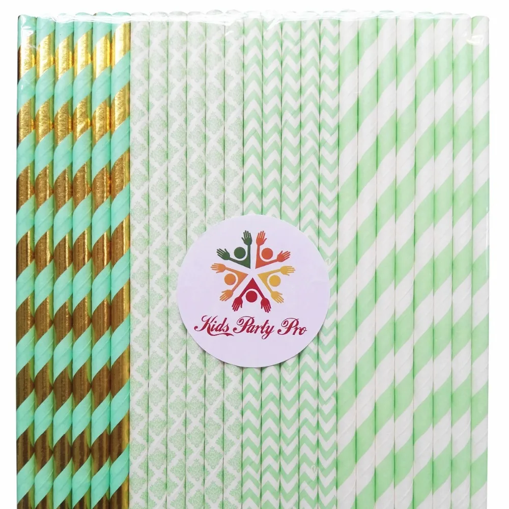 200 Pcs Mix 4 Designs Mint Paper Straws Bulk-Striped,Chevron,Damask,Gold Foil-Vintage Wedding Birthday Party Bridal Baby Shower