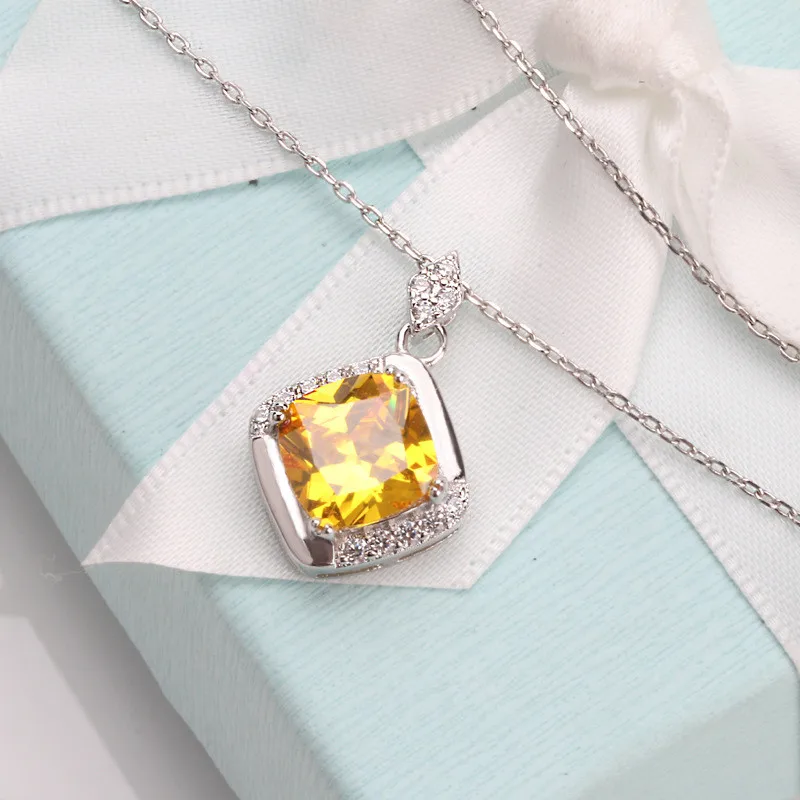 CC Necklaces Pendants For Women Sterling Zirconia Square Pink/Yellow Stone Fashion Jewelry No Chain CCN257