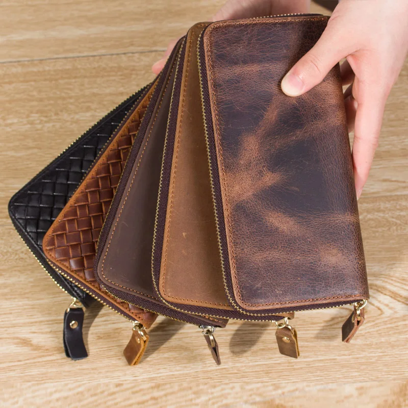 

100% Real Leather Men Long Wallets Vintage Male Clutch Bag Multi-Pocket Card Holder Purse Money Bag Mobile Phone Bag