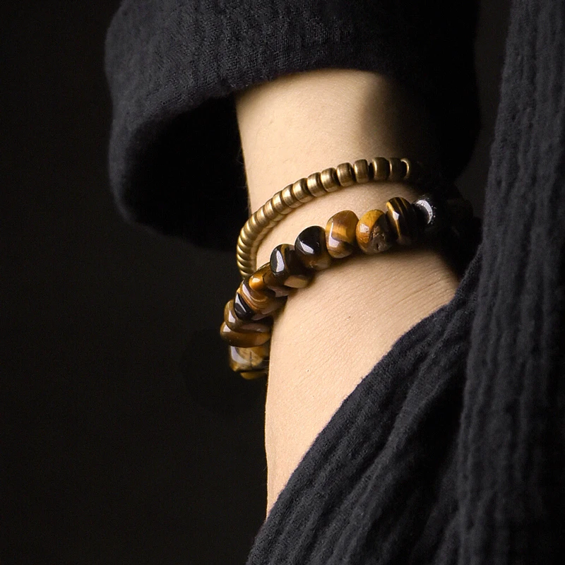 Golden Tiger Eye Tumbled Stone Bracelet Mixed Hand Beaten Copper Protection Meditation Jewelry For Men Women Inspire Courage