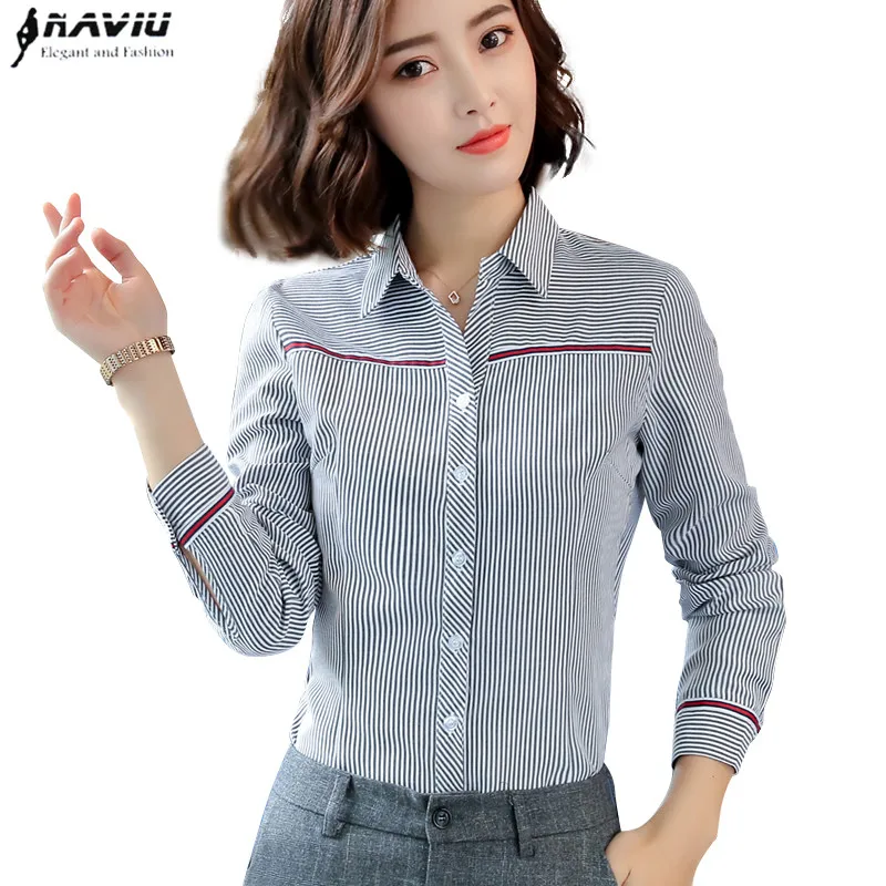 New Fashion Striped Design High Quality Cotton Shirt Formal Business Slim Long Sleeve Blouse Women Tops