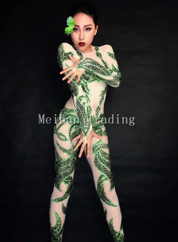 Green Crystals Flower Jumpsuit Women Nightclub Celebrate Jumpsuits Stage Bling Rhinestones Costume Female Singer Bodysuit Wear