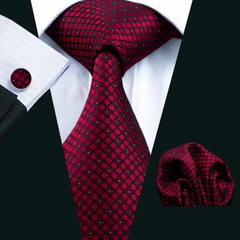 LS-704 Men`s Tie 100% Silk Red Plaid Jacquard Woven Wedding Tie Barry.Wang Hanky Cufflinks Set Neck Tie For Men Business Party