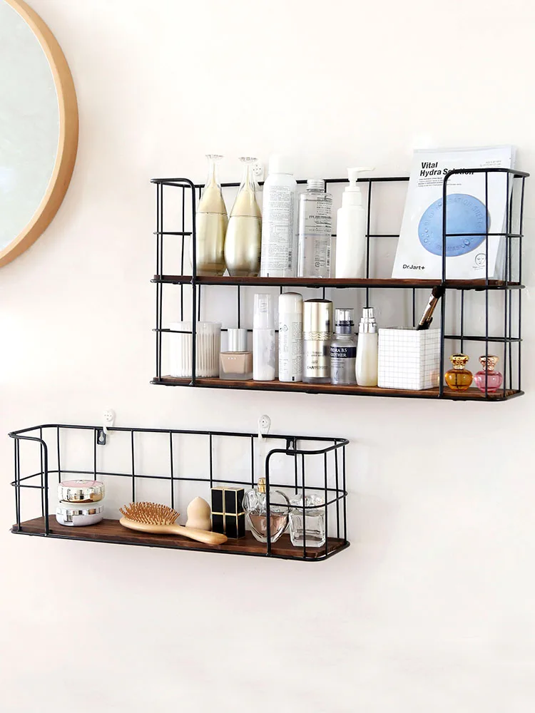 

Japanese Style Wrought Iron Wall Hanging Storage Rack Bedroom Living Room Cosmetics Free Punching Wall Shelf