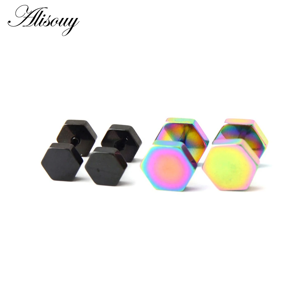 Alisouy 2pc hexagon studs Wholesale Fashion Black  color Stainless Steel Earrings Women Men\'s Punk Gothic Stud Earring For men