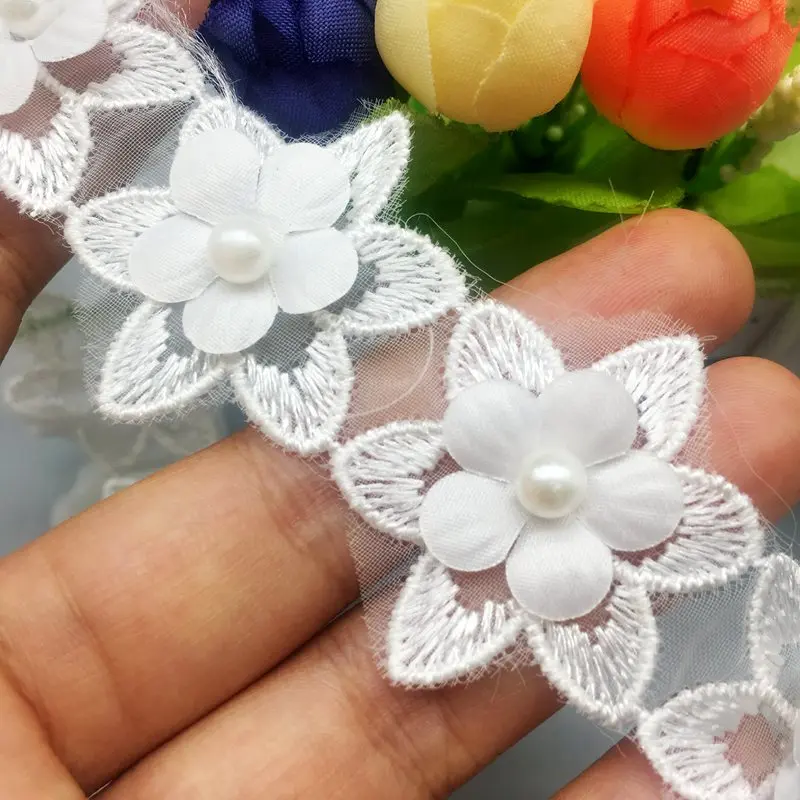 

50x White Pearl Flower Cotton Fabric Lace Trim Ribbon Wedding Embroidered Applique Trimmings Sewing Craft Baby Dress Decor