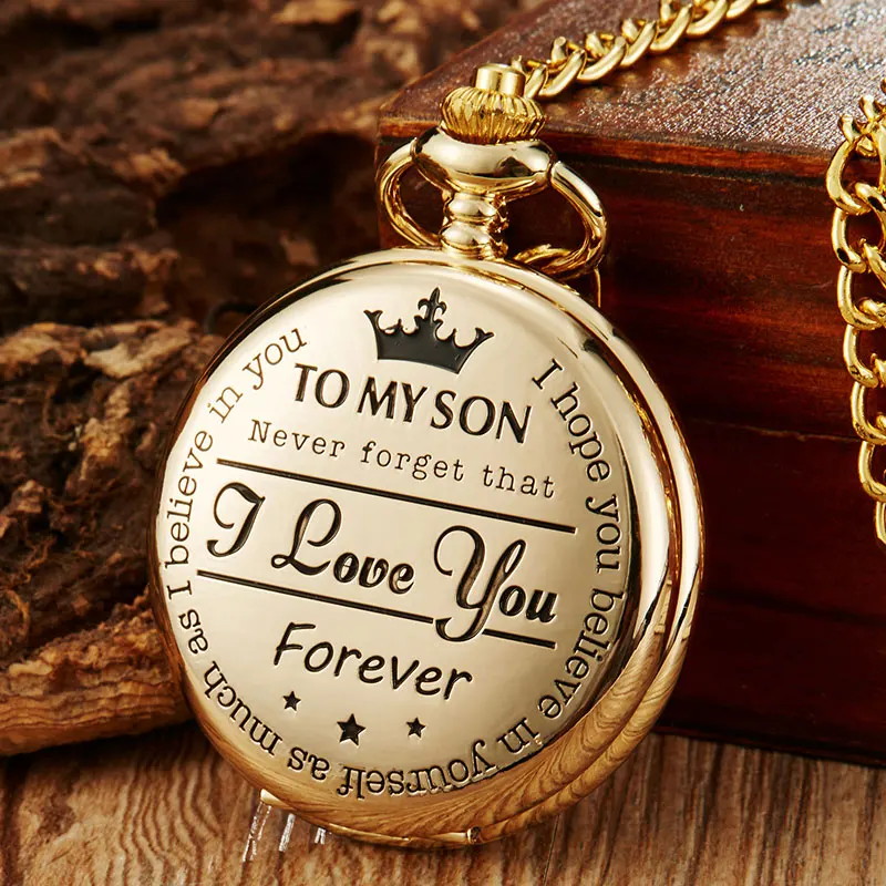 

Vintage Pocket Watch Mens To My Son I Love You Golden Clock For Kids Child Pocket Watch Necklace Chain Children's Day Gifts