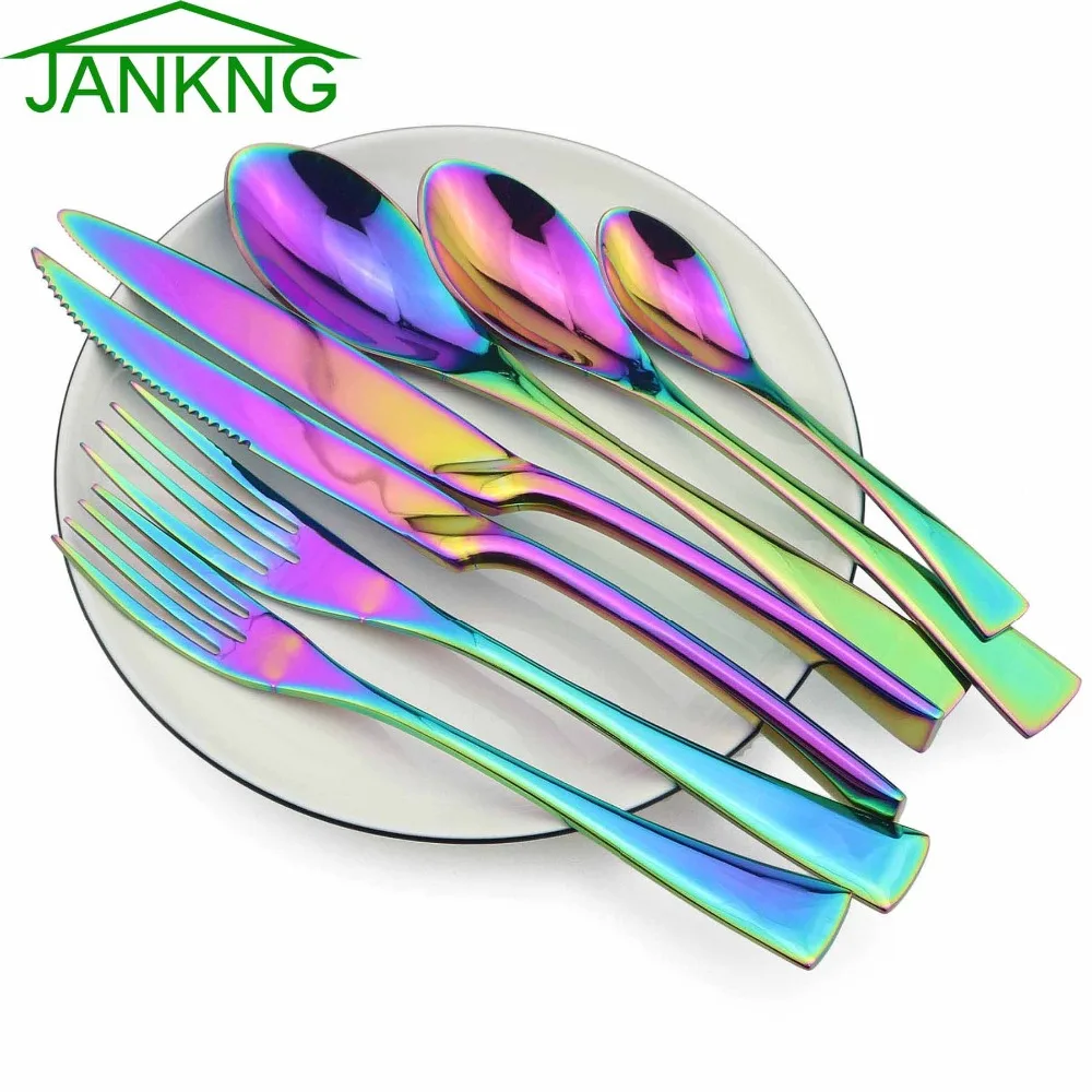 JANKNG 1-Pieces Rainbow Dinnerware Set Colorful Mirror Tableware Set Stainless Steel Western Cutlery Set Kitchen Accessories