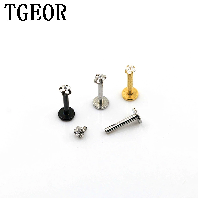 

free shipping 16G lip piercing 30pcs surgical Stainless Steel gem square CZ zircon internally thread titanium plated labret ring
