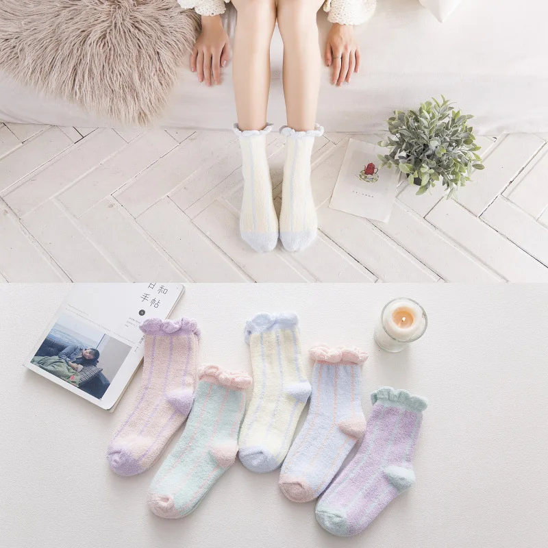 

6pair/lot Anyongzu Sock Natural Color Winter Lace Coral Velvet Semi Cashmere Warm Thickening Sleep Socks 23cm-25cm