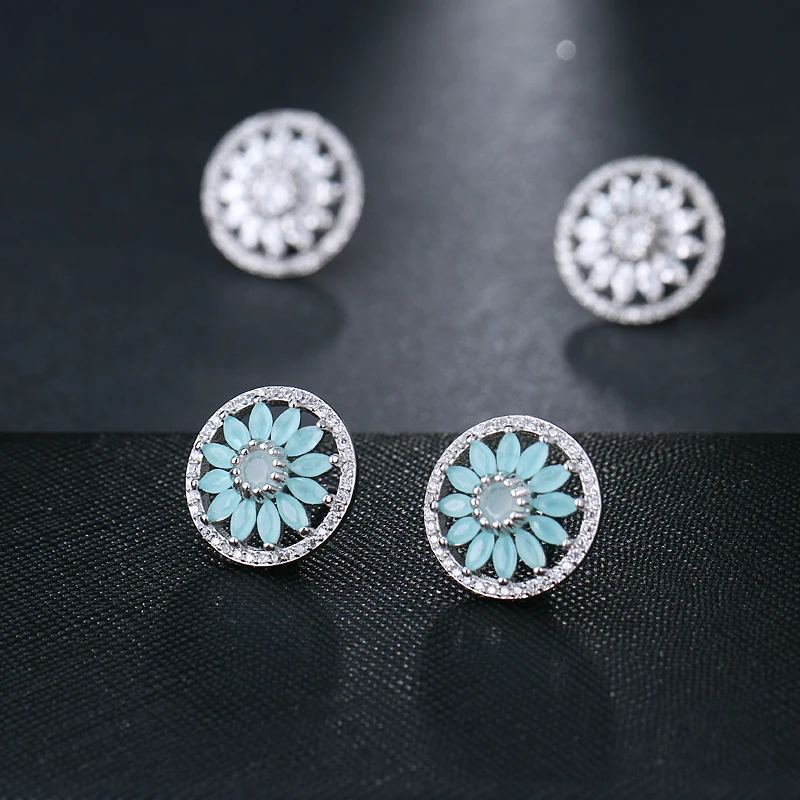 EMMAYA Luxury Light Blue Flower AAA Cubic Zirconia Stud Earings For Women Bridal Party Fashion Jewelry brincos