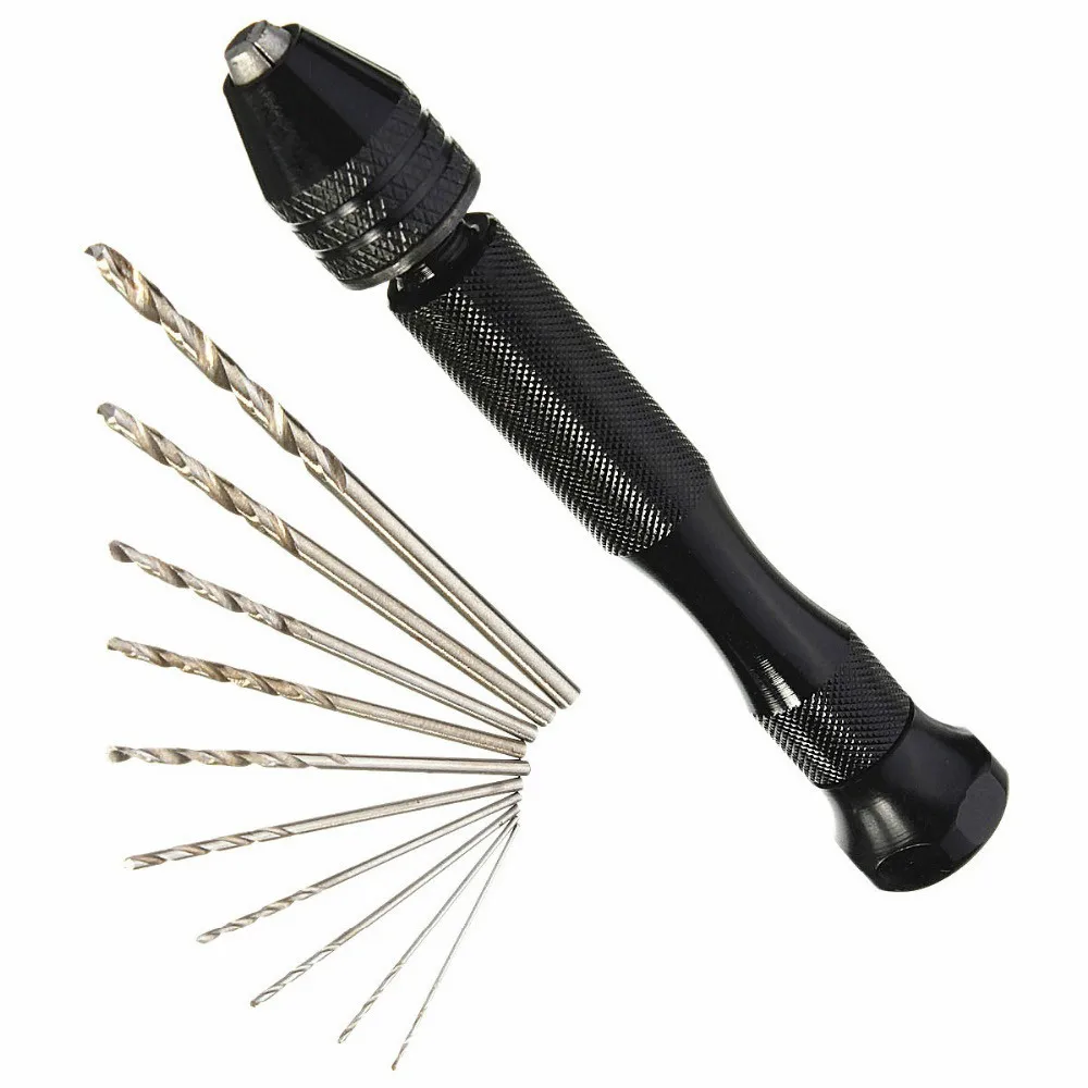 

Hot Mini Manual Aluminum Hand Drill With Keyless Chuck +10pcs Twist Micro Drill Bit Woodworking Drilling Rotary Tools