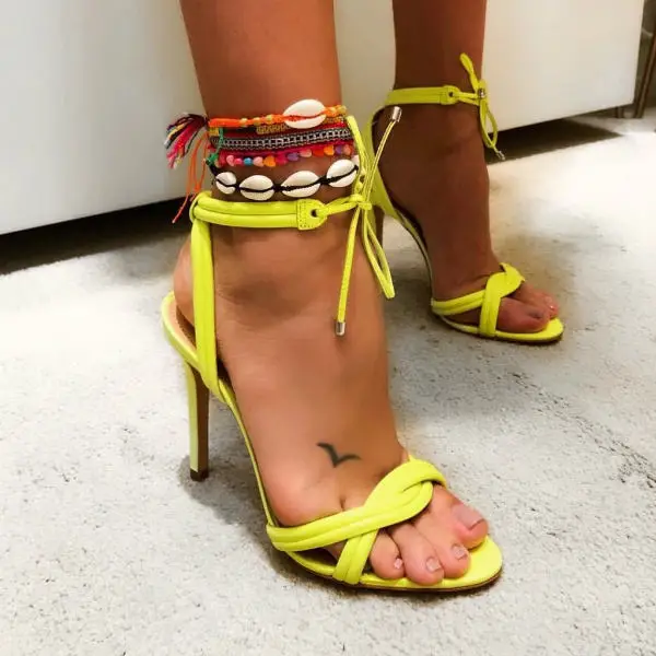 Sandals Woman High Heel Lace Up Neon Concise Fashion Summer Shoes Cut Out Open Toe Front Rear Strap Stiletto Woman Summer Shoes