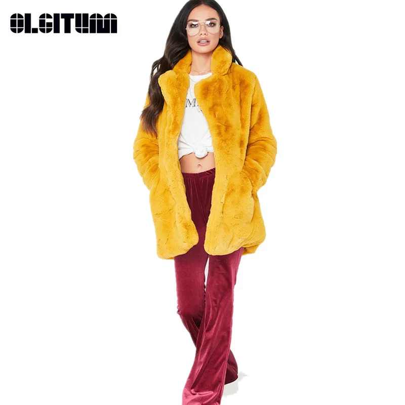 Elegant Shaggy ยาวผู้หญิง Faux ขน Coat ฤดูใบไม้ร่วงฤดูหนาวหญิงนุ่มกระต่าย Fur Coat Overcoat Party 8สีเลือก