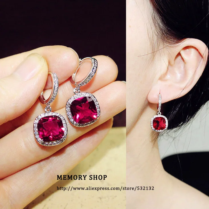 Sparkling Fashion Square Big Green Royal Blue Red Pink Yellow stone Drop Earrings Princess-cut Cubic Zirconia Women Jewelry