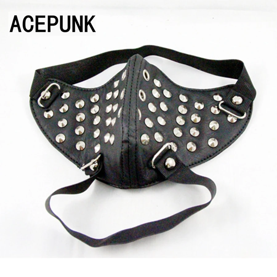 Cool Men Hip Hop Cosplay Mask Punk Accessories With Double Elastic Band Rivet Black PU Leather Face Masks Performance Show Masks