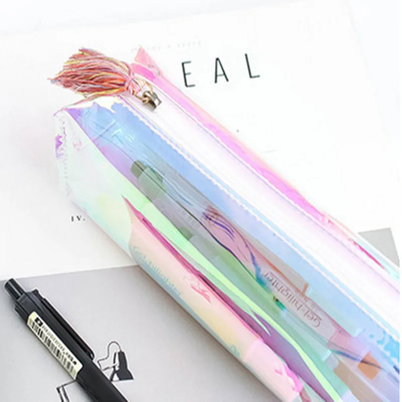 Cool Laser Transparent Color Pencil Case Fresh Art Stationery Tassel Pouch Cosmetic Bag Pen Bag Student Gifts Offic Supplies