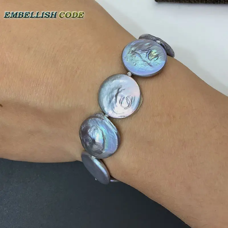 2018 baroque pearl bracelet Bangles gray colorful color flat round coin shape big size real freshwater pearls special for women view 4
