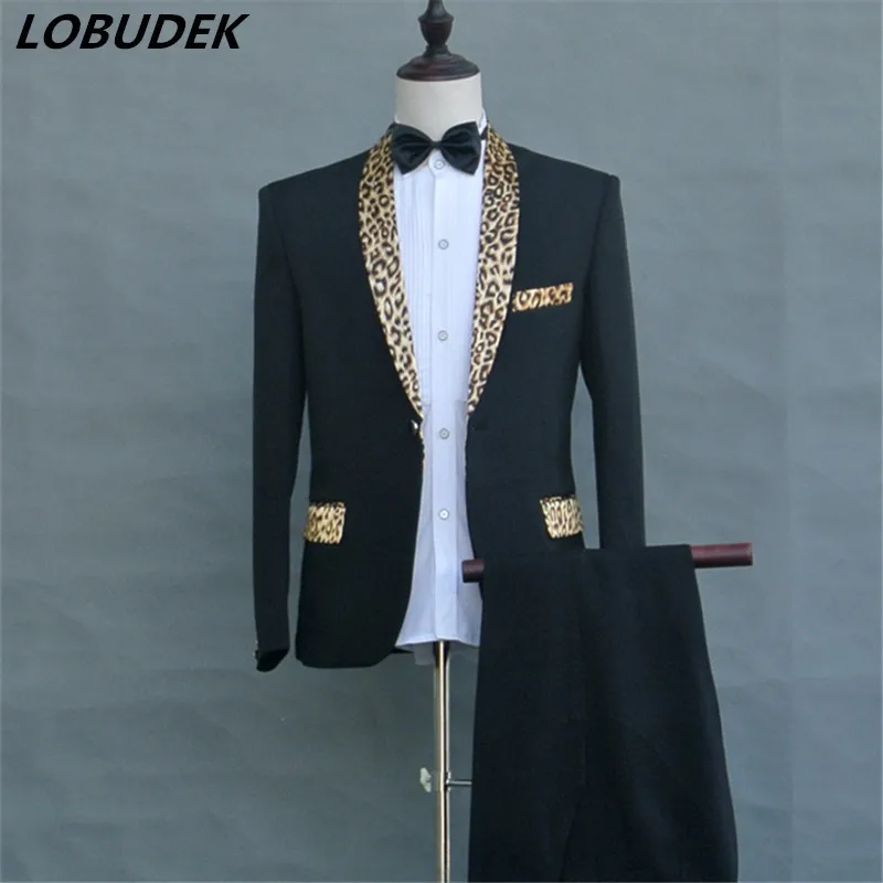 (jacket+tie+pants) Formal Prom Program host men's dress Leopard male suit sets New singer stage costume Party performance outfit