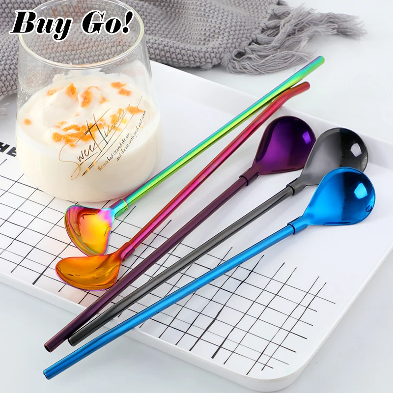 2PCS Colorful Reusable Drinking Straws Spoon Stainless Steel Metal Straws Cocktail Stirring Spoon Bar Milk Coffee Stirring Tools