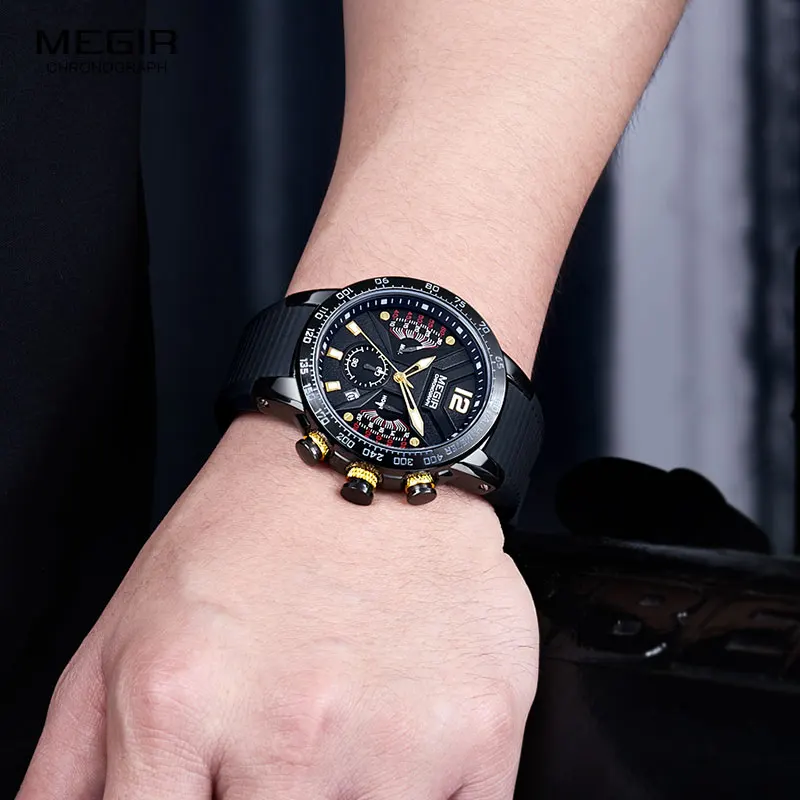 MEGIR Men\'s Army Sport Quartz Watches Silicone Band Chronograph Waterproof Luminous Wristwatch Man Relogios Masculino 2106 Black